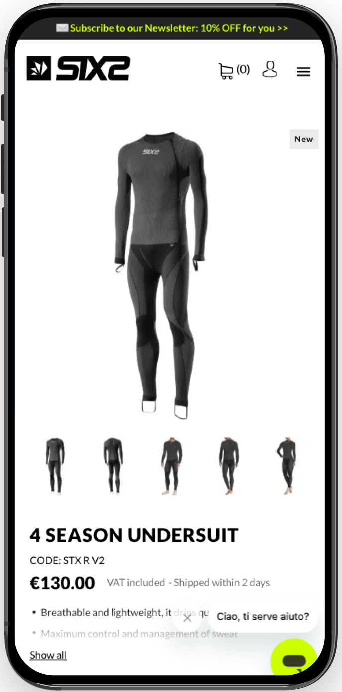 Immagine della pagina dei prodotti del sito e-commerce Sixs, con articoli sportivi e abbigliamento tecnico