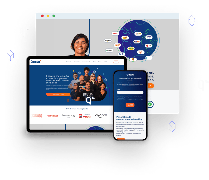 Screenshot del sito web di Qapla visualizzato su desktop, iPad e formato mobile