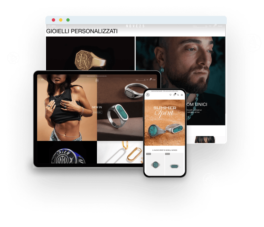 Screenshot del sito web di Nove25 visualizzato su desktop, iPad e formato mobile