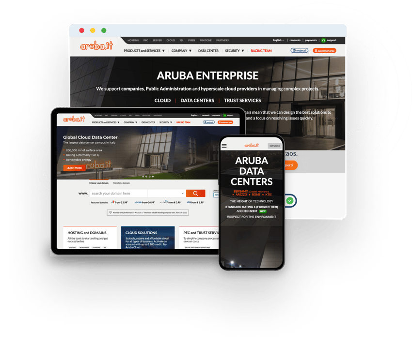 Screenshot del sito web di Aruba visualizzato su desktop, iPad e formato mobile