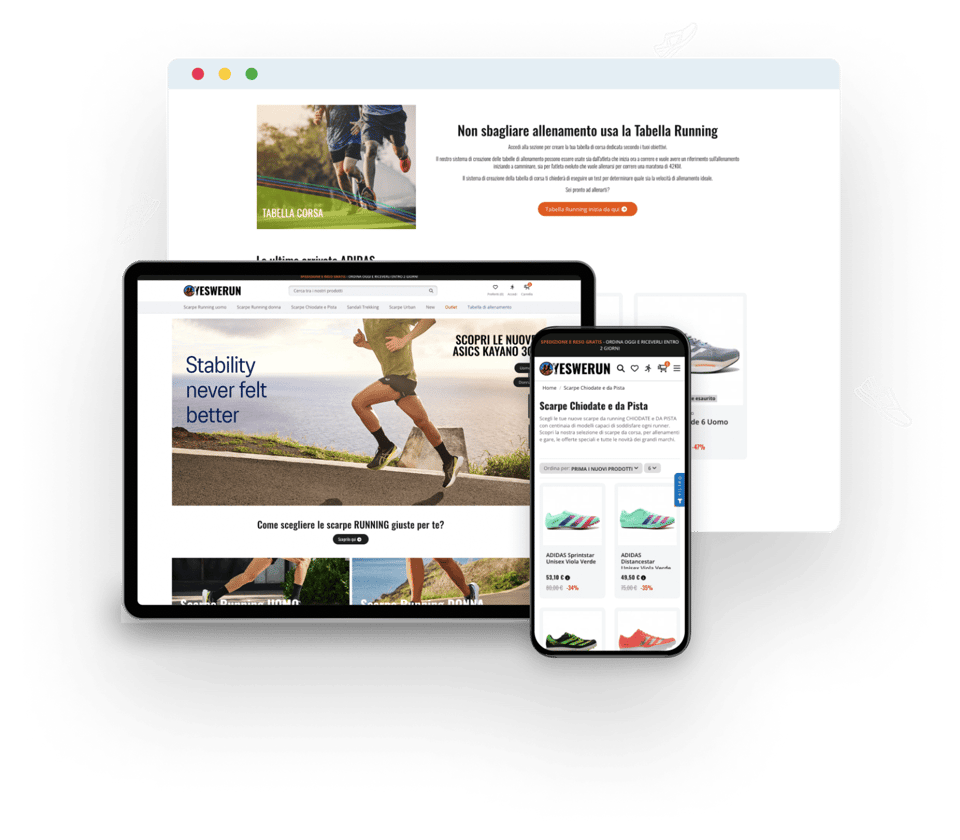 sito web di YesWeRun visualizzato su desktop, iPad e formato mobile