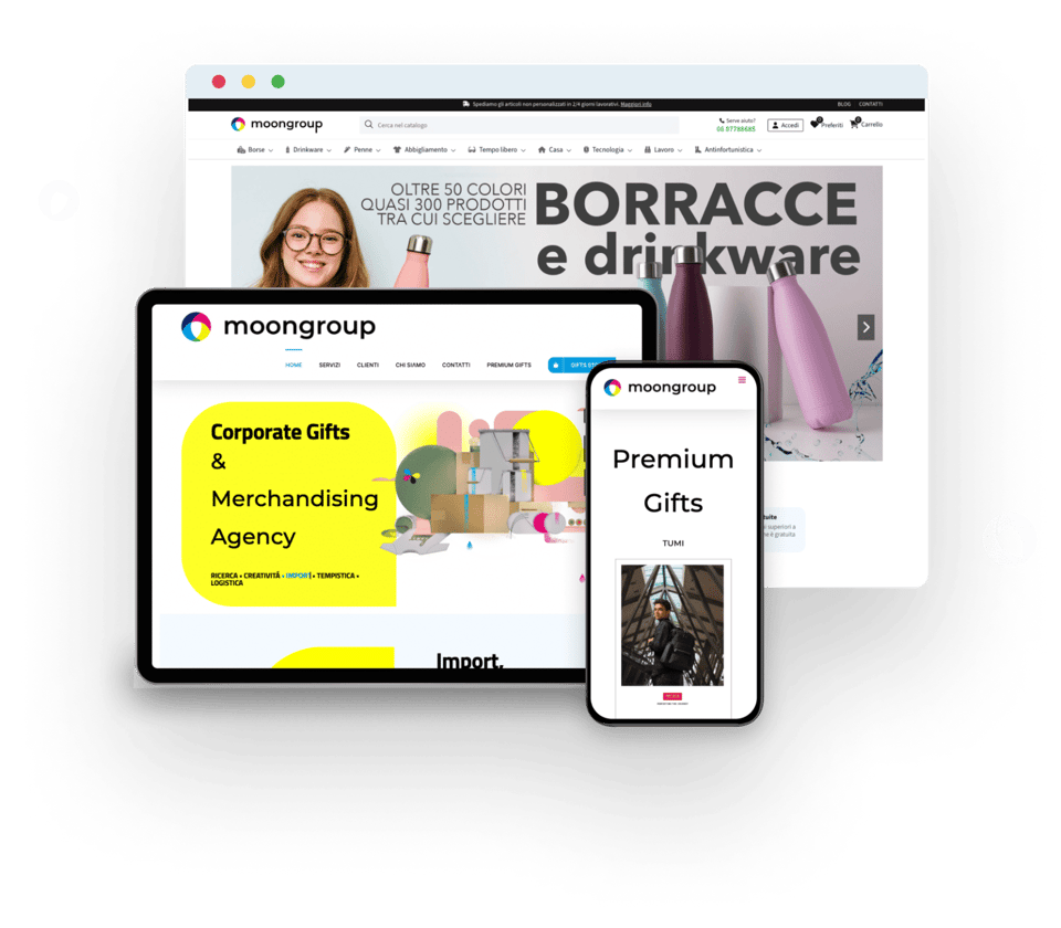 sito web di MoonGroup visualizzato su desktop, iPad e formato mobile