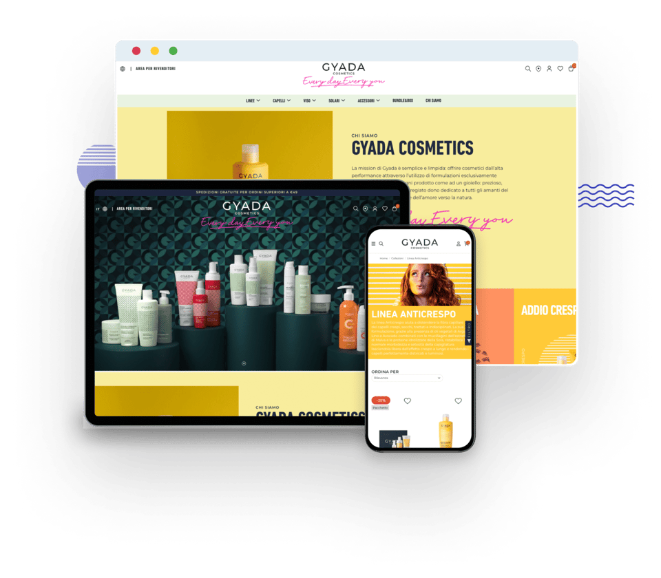 sito web di Gyada visualizzato su desktop, iPad e formato mobile