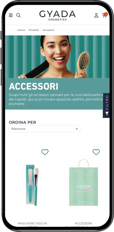 Immagine della pagina dei prodotti del sito e-commerce Gyada, mostrando una selezione di articoli per la bellezza e la cura personale