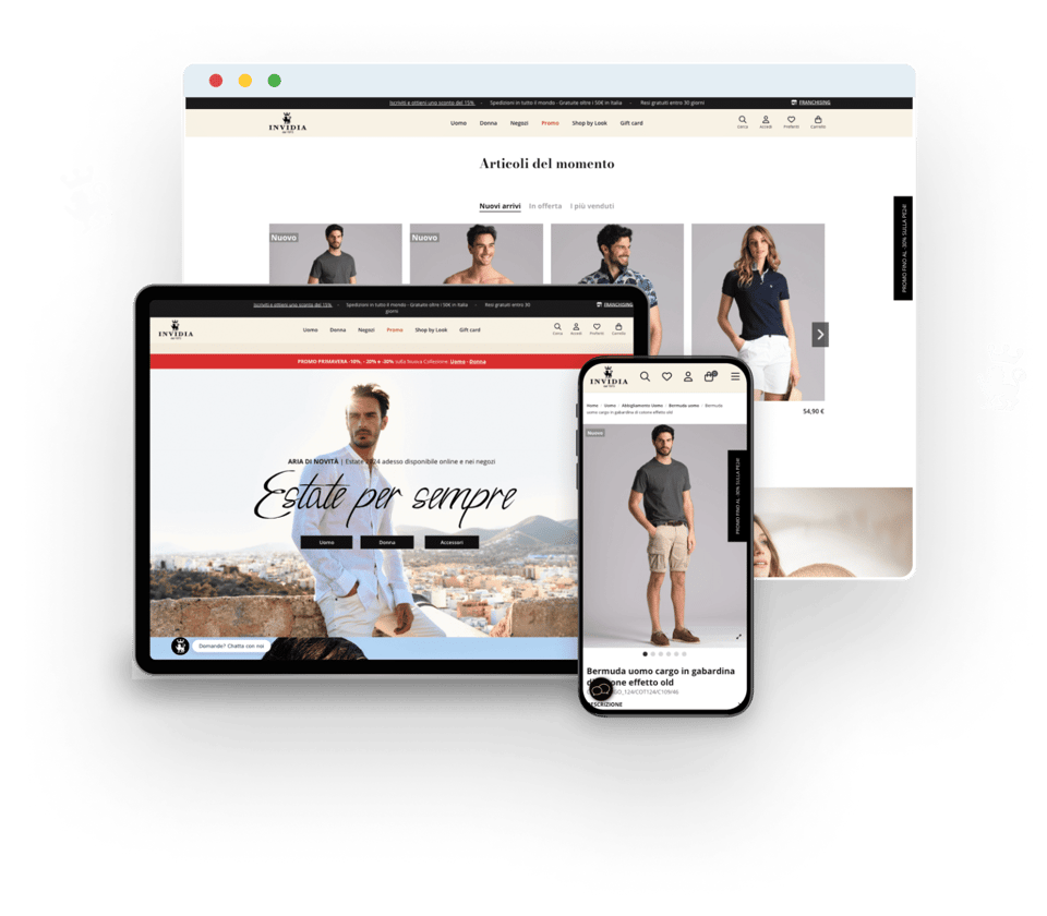 sito web di Invidia visualizzato su desktop, iPad e formato mobile