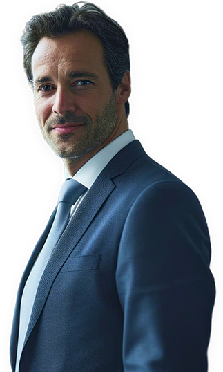 Uomo professionista con capelli scuri e corti e barba curata, che indossa un abito e una cravatta scuri