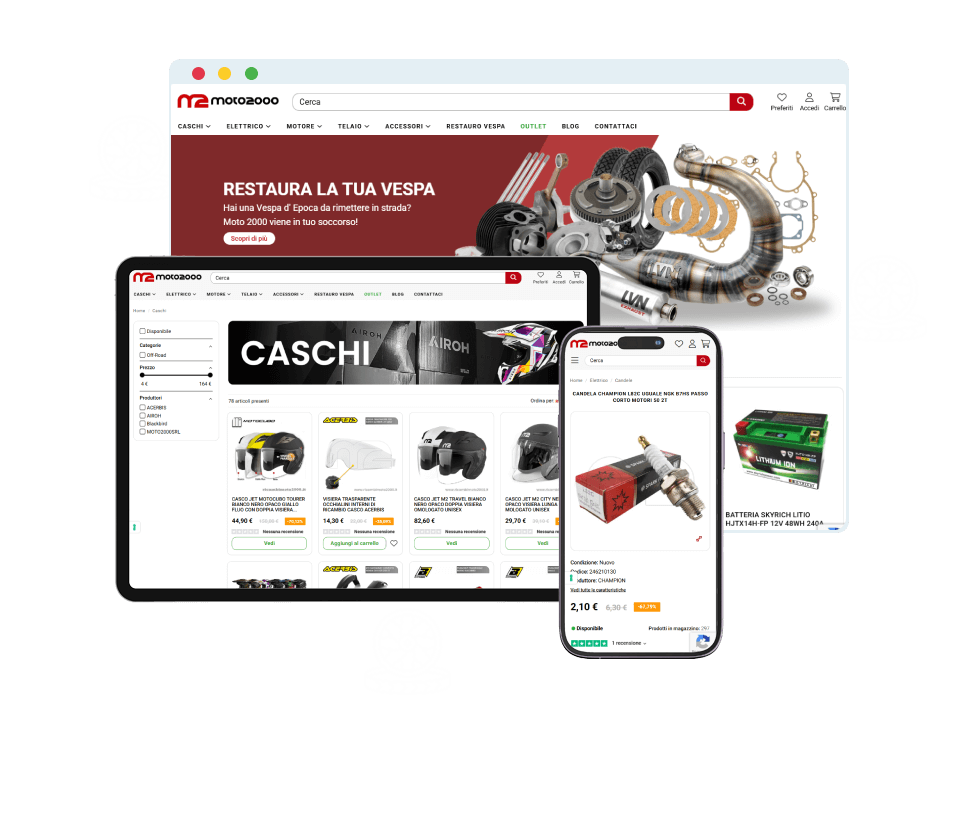 Sitoweb ricambimoto2000 visualizzazione dekstop tablet e telefono