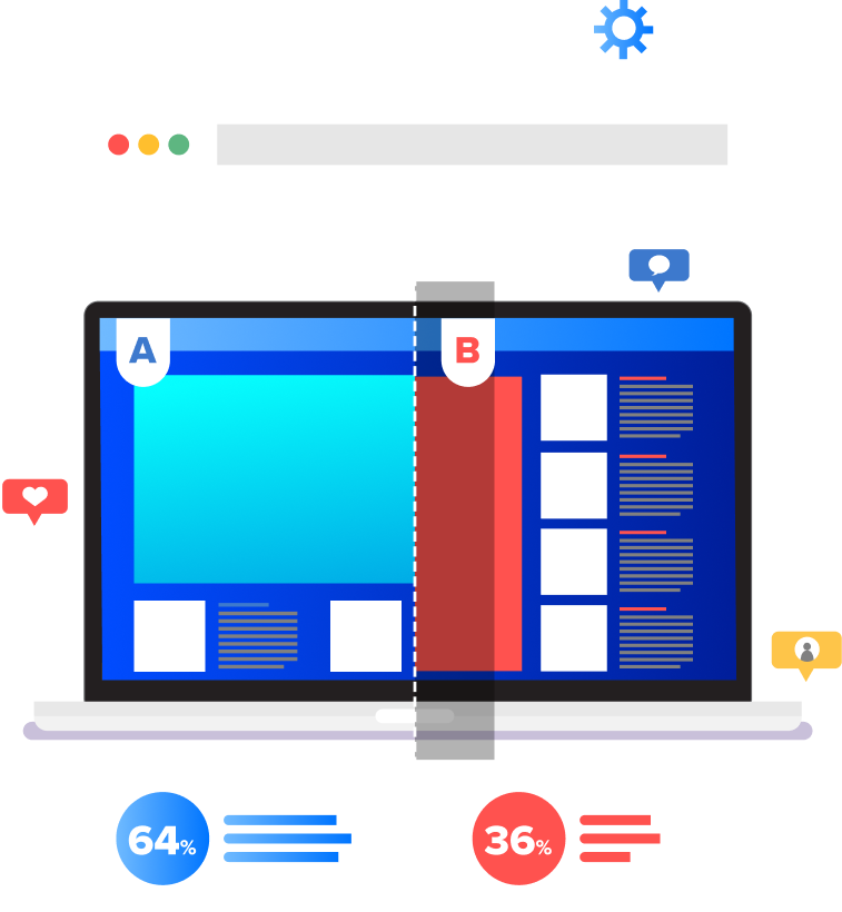 Arte vettoriale che rappresenta il test A/B per migliorare i risultati dell'ottimizzazione del tasso di conversione (CRO) su un sito e-commerce Arte vettoriale che rappresenta il test A/B per migliorare i risultati dell'ottimizzazione del tasso di conversione (CRO) su un sito e-commerce