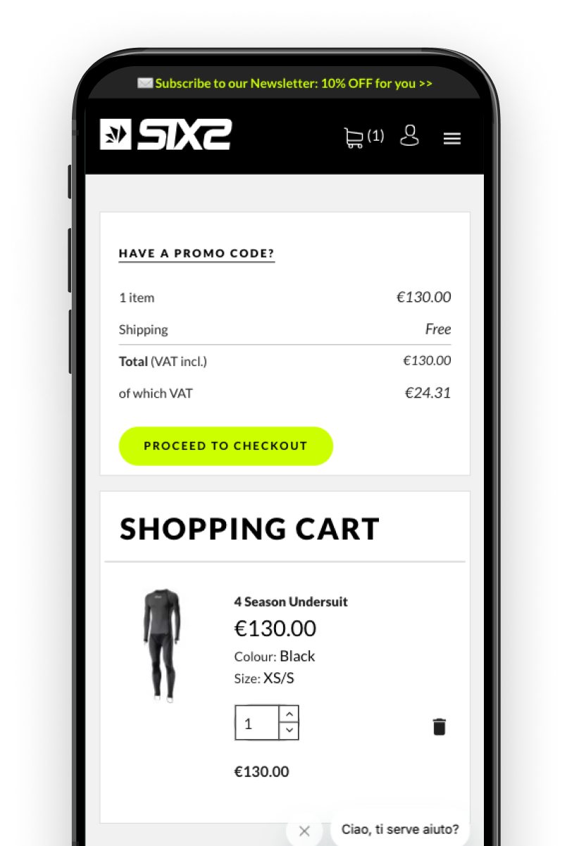 Immagine della pagina di checkout del sito e-commerce Sixs, con articoli sportivi e abbigliamento tecnico"
