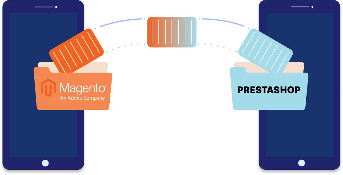 Arte vettoriale che rappresenta migrazione da Magento a Prestashop