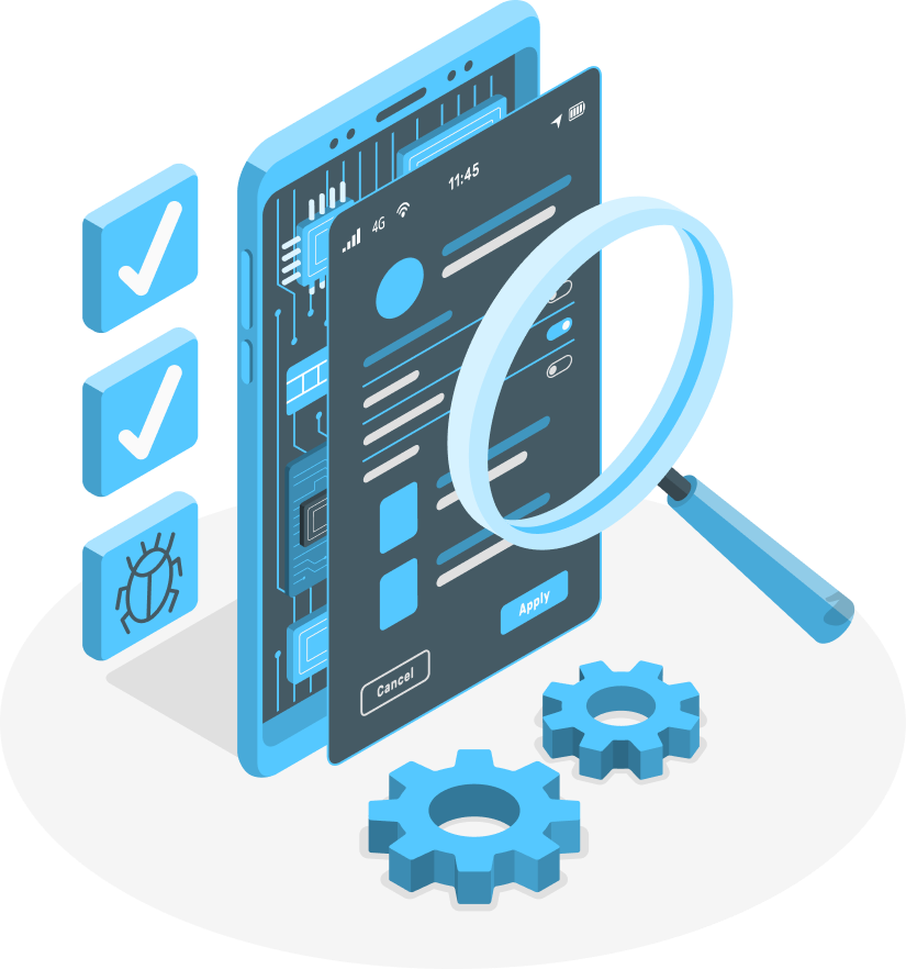 Arte vettoriale che rappresenta testing e debug prima e dopo la messa online